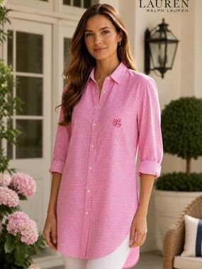Lauren Ralph Lauren Pink & White Gingham Check Monogram Pocket Tunic Length Top